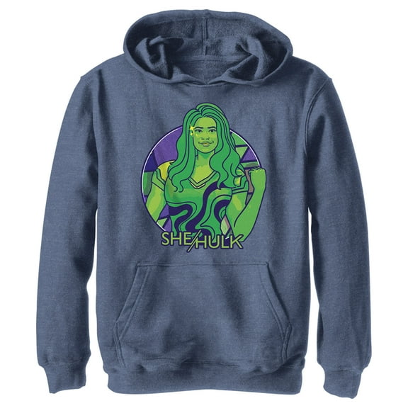 Boy's She-Hulk: Attorney at Law Green Hero Smile Pull Over Hoodie Navy Blue Heather X Large