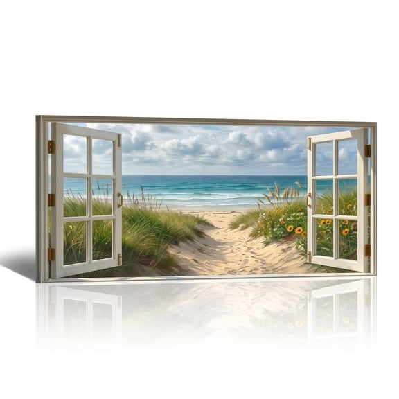 Beach Window Canvas Wall Art - Large Coastal Seascape Canvas Prints, Ocean Pictures Landscape Paintings, Horizontal Tropical Sea Artwork for Living Room Home Decor