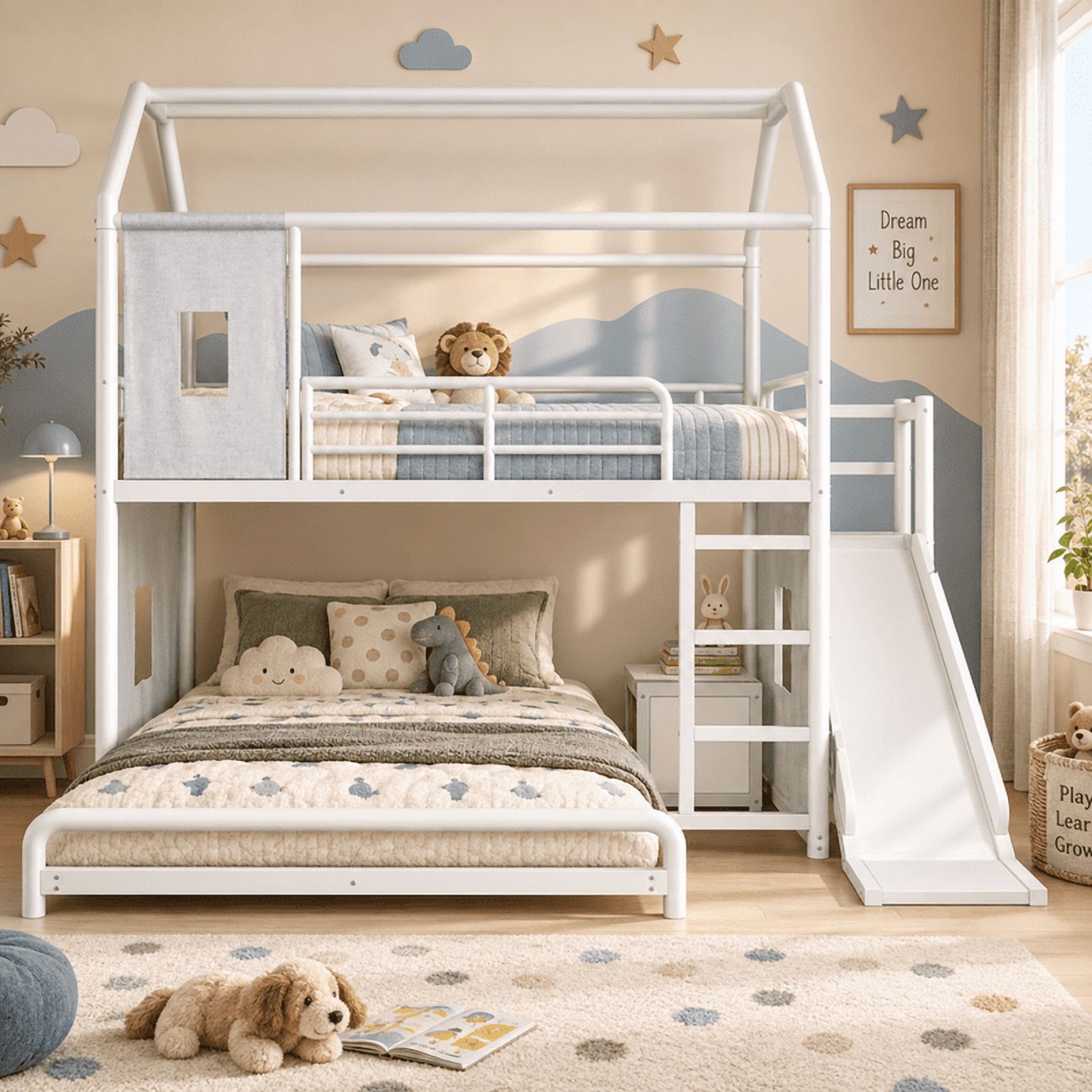 Full Over Full Metal Bunk Bed with Slide, Ladder, LED Light, Privacy Curtain and Movable Storage Cabinet, House-Shaped Kids Bunk Bed with Hanging Rod, No Box Spring Required