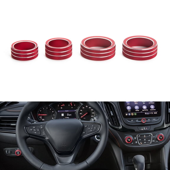 Xotic Tech AC Radio Knobs Cover Accessories Compatible with Chevrolet Equinox 2018-2023, Malibu 2016-2023 Center Console Air Conditioner Volume Headlight Ring Cover Trim (Aluminum Alloy, Red) -4PCS