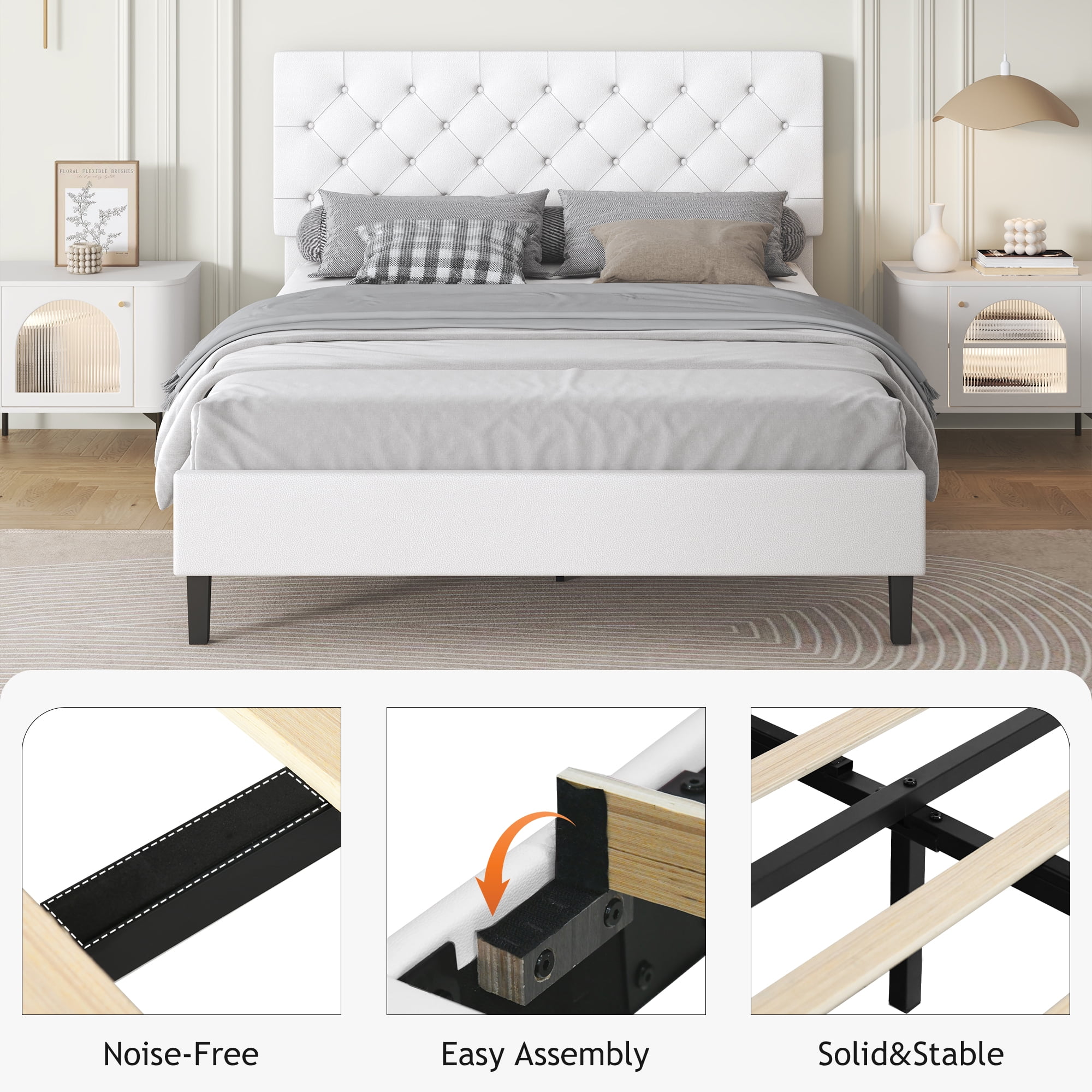 4 EVER WINNER Queen Bed Frame, Queen Upholstered Platform Bed with Button Tufted Headboard, White Queen Bed Frame, White