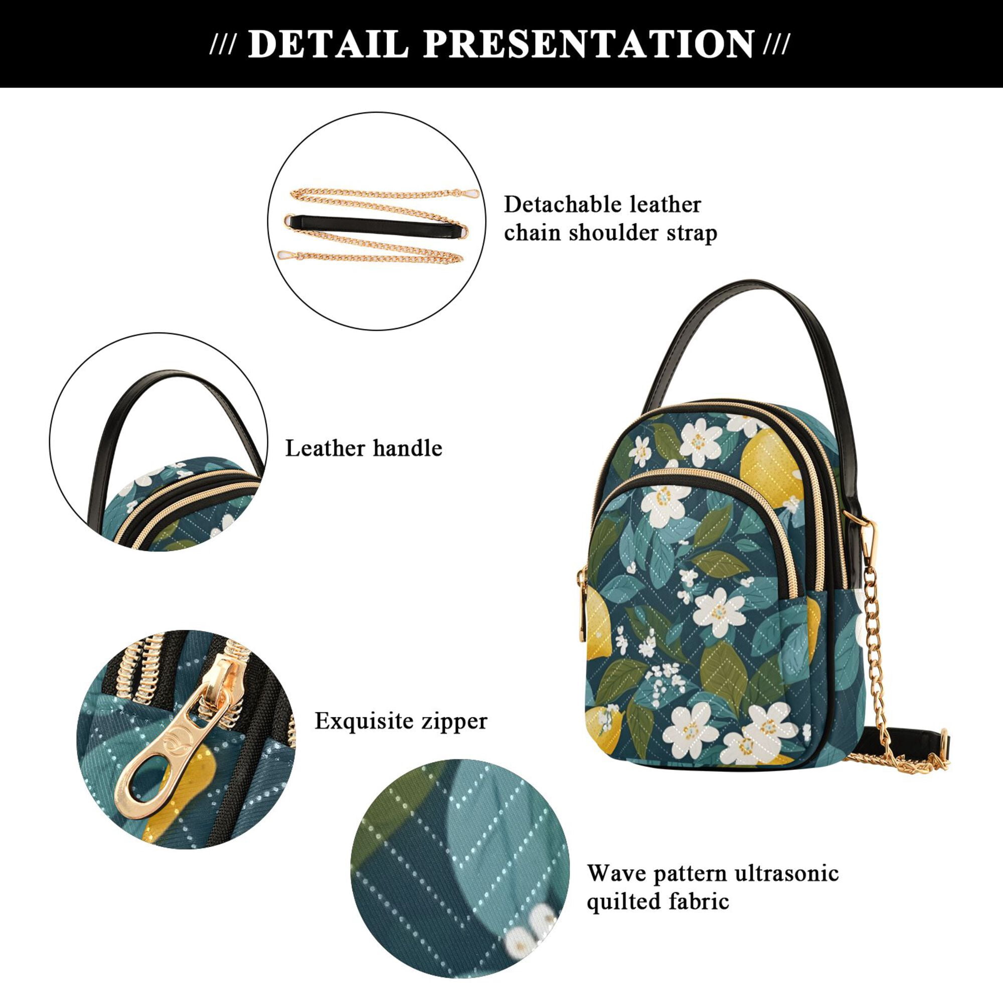 FORMRS Crossbody Bag for Women Quilted Travel Shoulder Cell Phone Purse with Chain Strap Handbag, Green Lemon Leaves