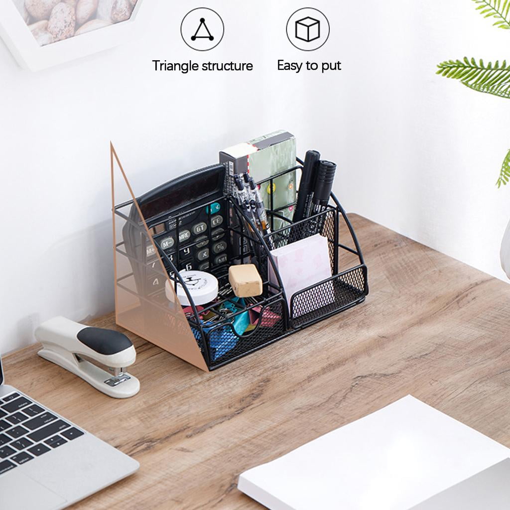 Fiocias Mesh Metal Desk Organizer with Drawer, Cosmetics Desktop Holder Pen Marker Paper Black