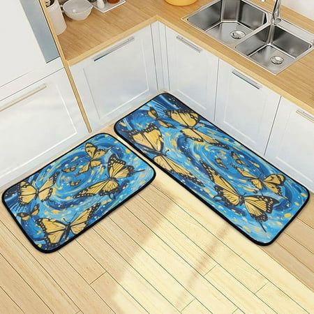 

Wobogo Butterfly Starry Night Kitchen Carpet Set of 2 Absorbent and Stain Resistant Non-slip Star Rubber Backing
