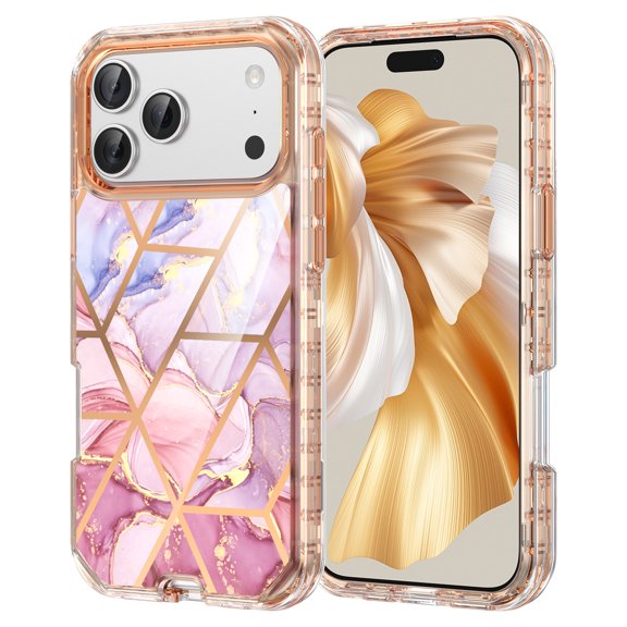 Marble Pattern Case for iPhone 17,Cute Heavy Duty 3 in 1 Full Body Shockproof Hard PC Soft Silicone TPU Bumper Drop Protective Stylish Women Girls Phone Case Cover,Grid Pink Marble