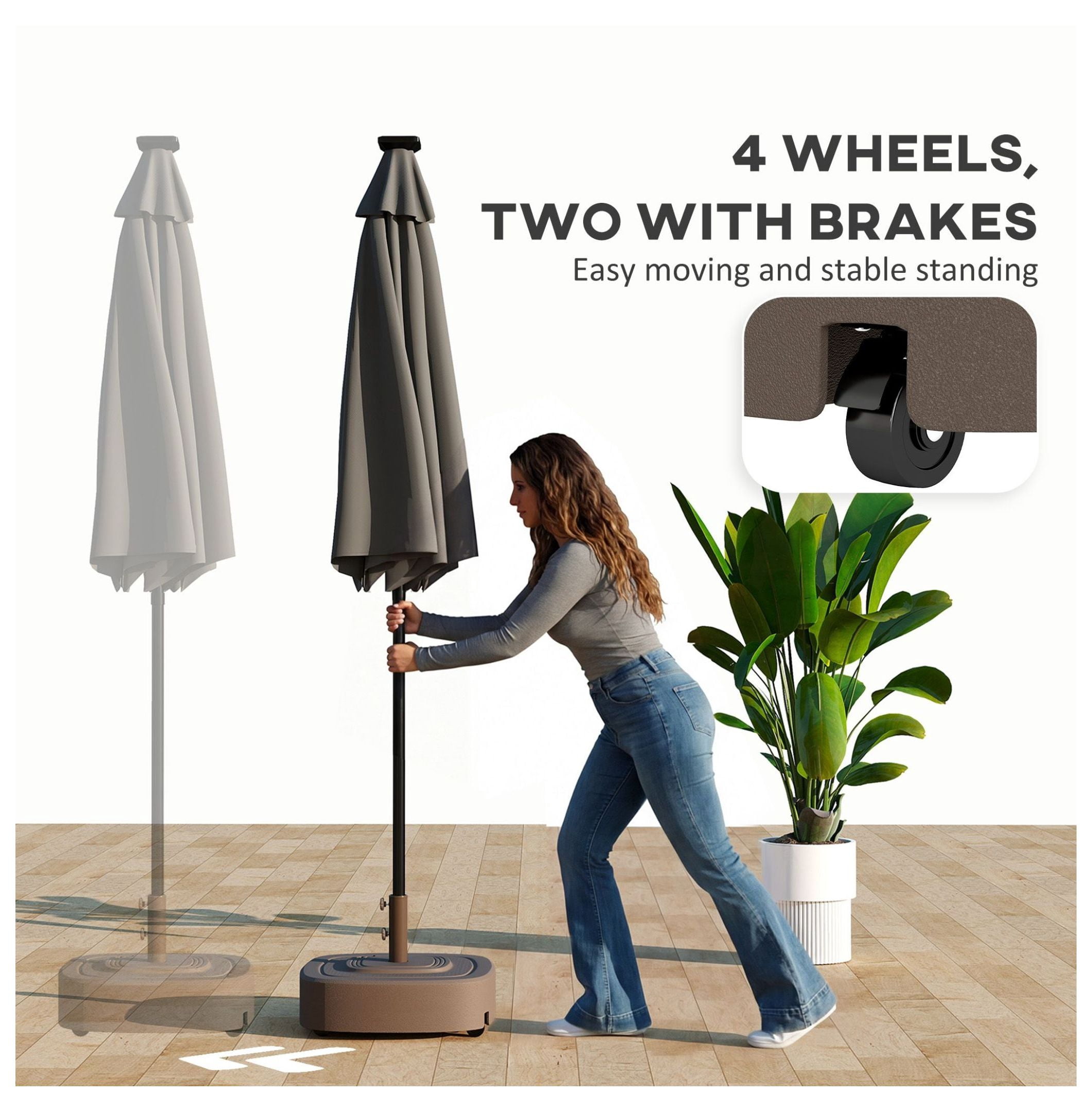 Patio Umbrella Base Outdoor with Wheels - 1.5"/1.9" Pole Stand - 110lbs Capacity - Heavy Duty HDPE & Steel - Brown Woodgrain Finish