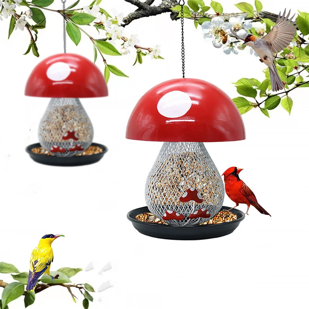Mushroom Shape Hummingbird Feeder, Red Metal Bird Feeder Outside Hanging Bird Feeder Squirrel Proof Bird Feeder Outdoors and Garden Yard Decoration