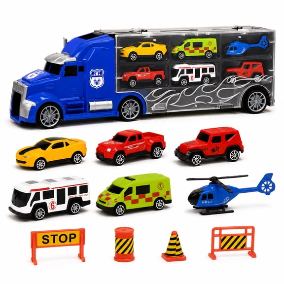 11-Piece Toy Truck Carrier Set with Mini Vehicles, Big Rig Transporter Playset with Cars, Helicopter, Bus & Road Signs, Storage Truck Toy for Kids Ages 3
