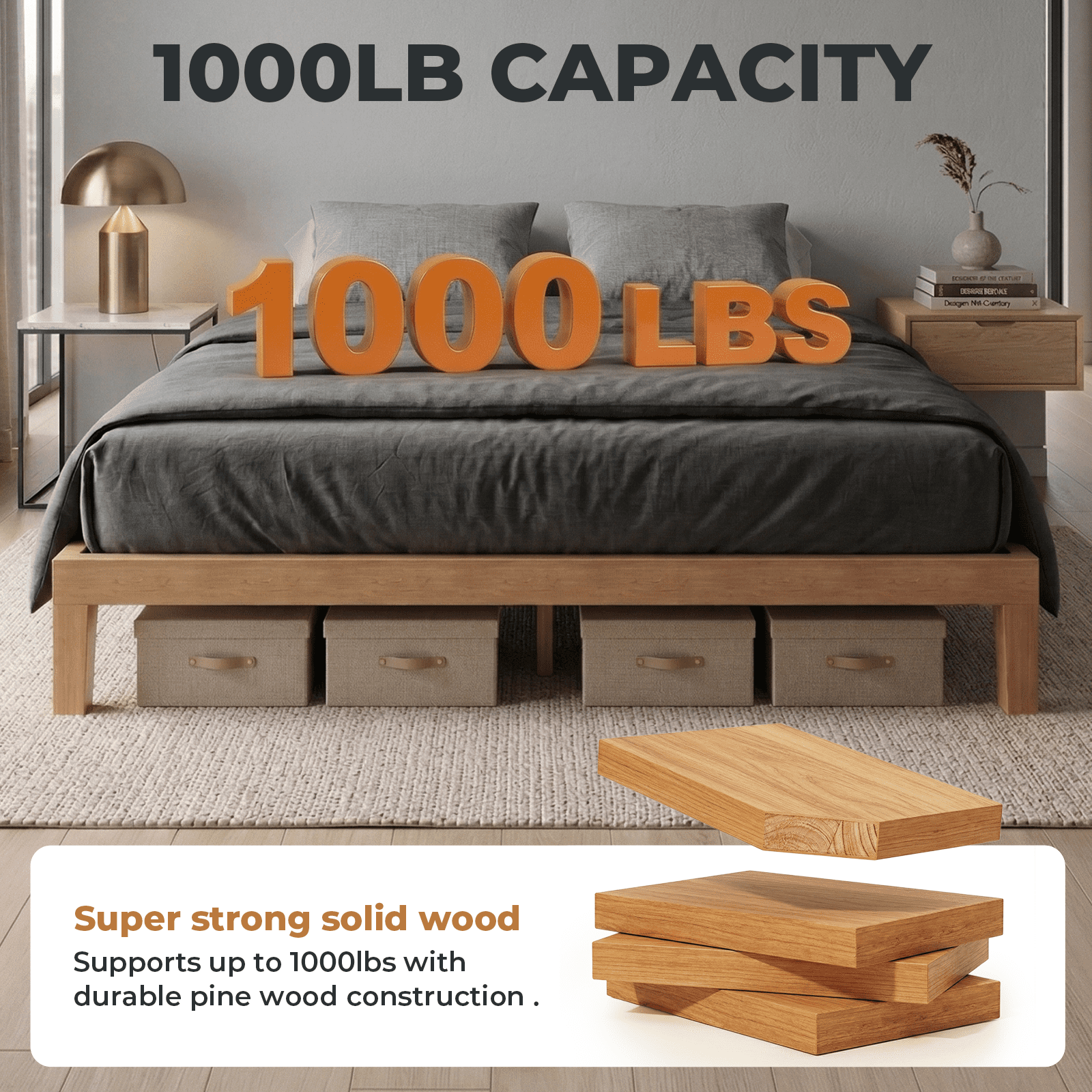 Alvantor Solid Wood Platform Bed Frame, Natural Pine, No Box Spring Needed, Underbed Storage – Twin, Full, Queen, King