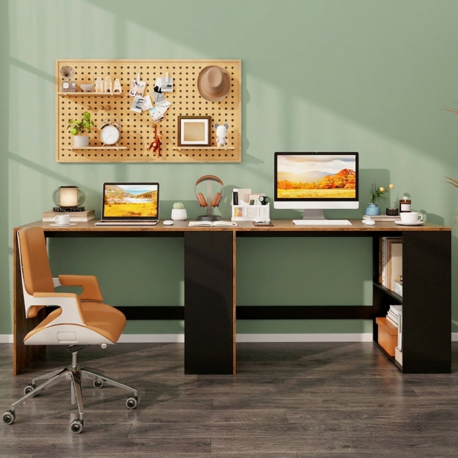Furnibear 44 Inch Wooden Computer Desk with 2-Tier Bookshelf and Spacious Desktop Compact Home Office Workstation, Rustic Brown
