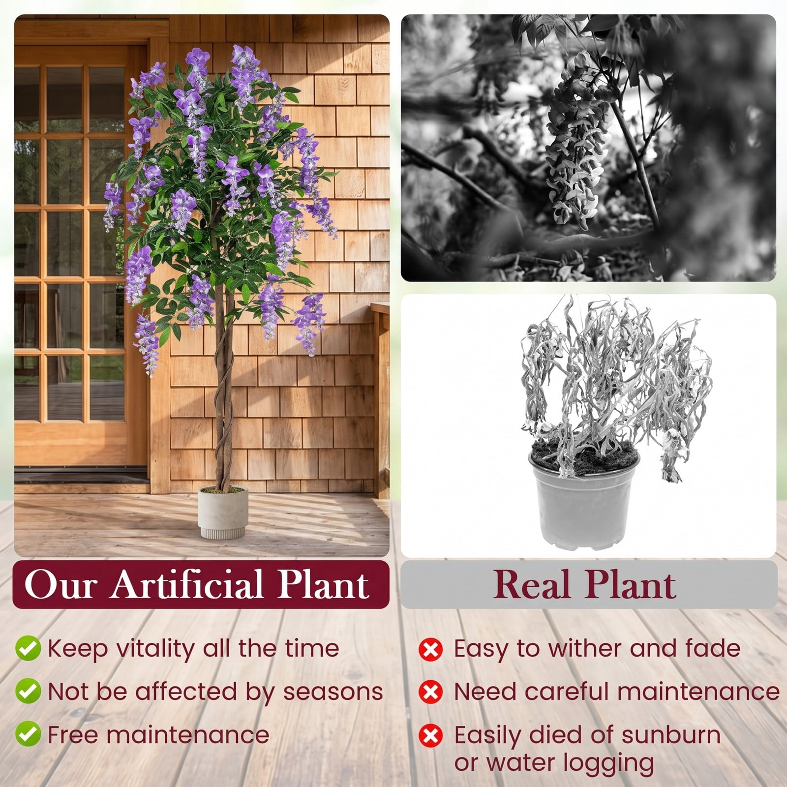 ALPULON 5.5 FT Artificial Wisteria Tree Set of 2, Faux Purple Blooming Flower Plant with Nursery Pot, Realistic Silk Greenery for Home Office Wedding Porch, Purple