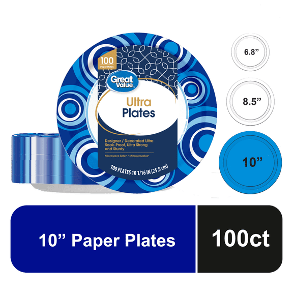 Great Value Ultra 10 Inch Disposable Soak-Proof Paper Plates, 100 Count