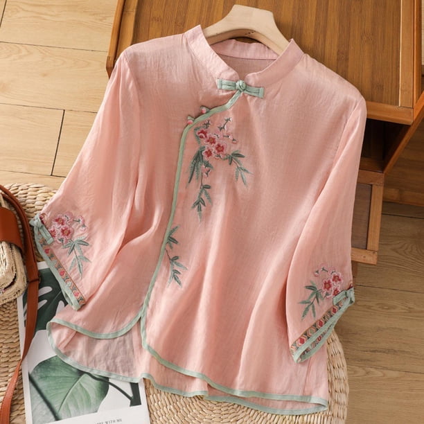 Top de Manga 3/4 Fiudx con Botones Cuello Alto Bordado Lino mujer