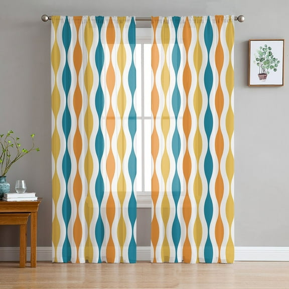 Yellow Teal Orange Striped Sheer Curtains 72 Inches Long 2 Panels Set, Window Sheer Curtains for Living Room/Bedroom, Middle Century Abstract Art Aesthetics Light Filter Pocket Curtain 52''x72''x2
