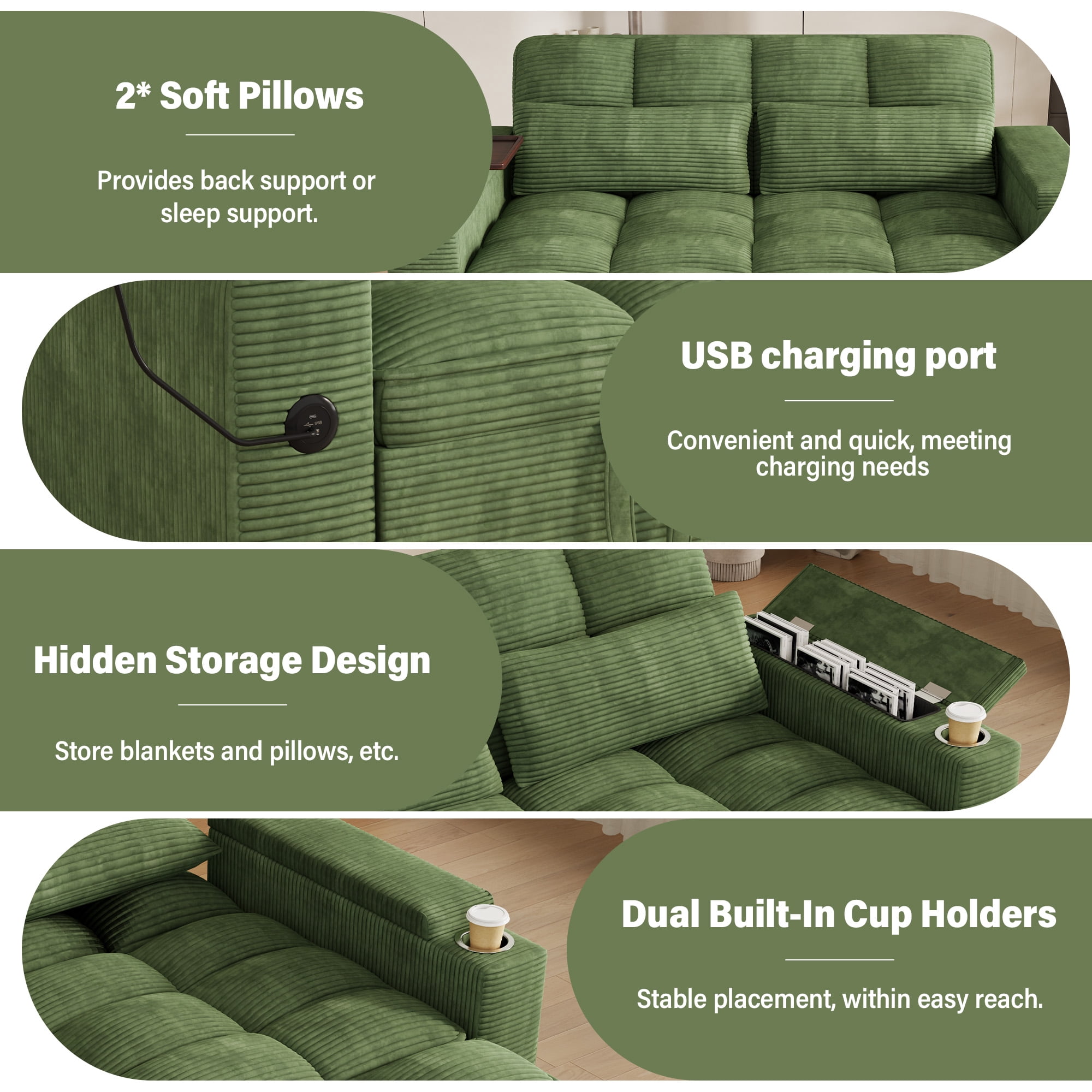 Aukfa 65"W Convertible Sofa Bed with Storage, 3-in-1 Corduroy Queen Sleeper Sofa Couch with 360° Swivel Side Table & USB /Type-C Ports,Green