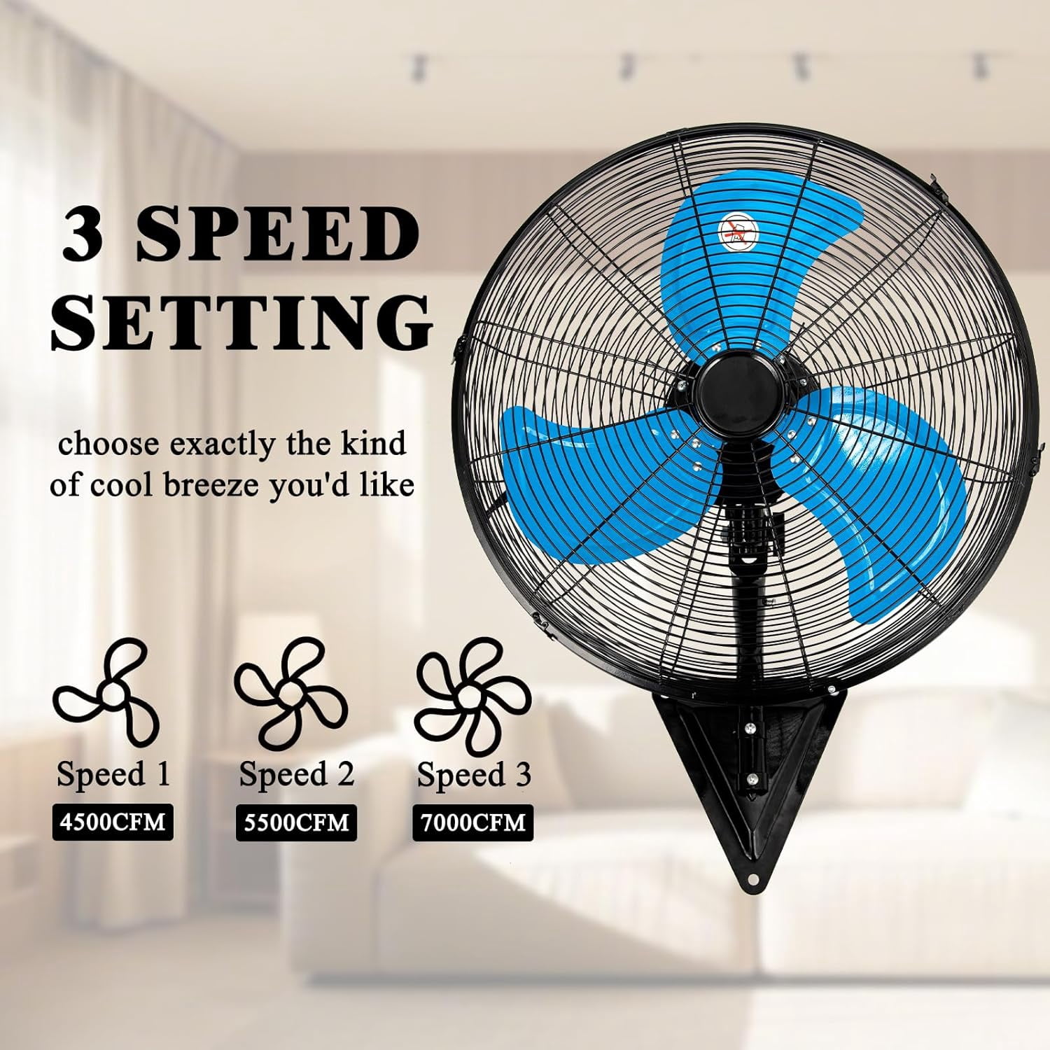 Wall Mount Fan 7000 CFM High Velocity Industrial 22 Inch Heavy Duty Fan with 3-Speed Oscillating Commercial Use for Warehouse, Garage, Factory, Blue