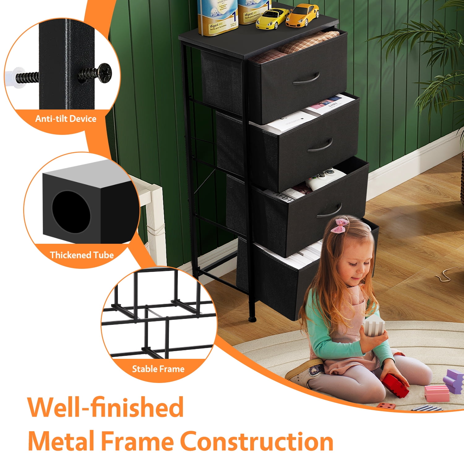 Modern 4 Drawer Fabric Dresser, Chest of Drawer Organizer Storage Cabinet for Bedroom Clothes Closet, Entryway,Black
