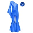 thumbnail image 3 of YONGHS Girls Shiny Metallic One Shoulder Flare Sleeve Wide Leg Bell Bottom Gymnastics Jumpsuit Royal Blue-A 6, 3 of 7