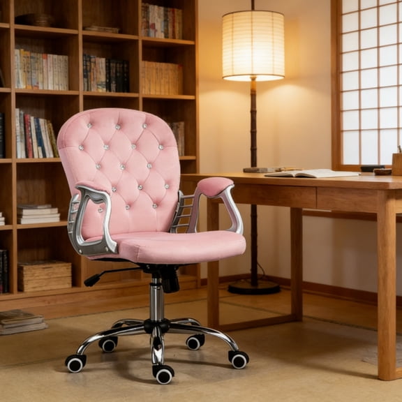 Pink Velvet Massage Office Chair with Diamond Button Design, Adjustable Height Swivel Desk Chair for Home Office  ljh
