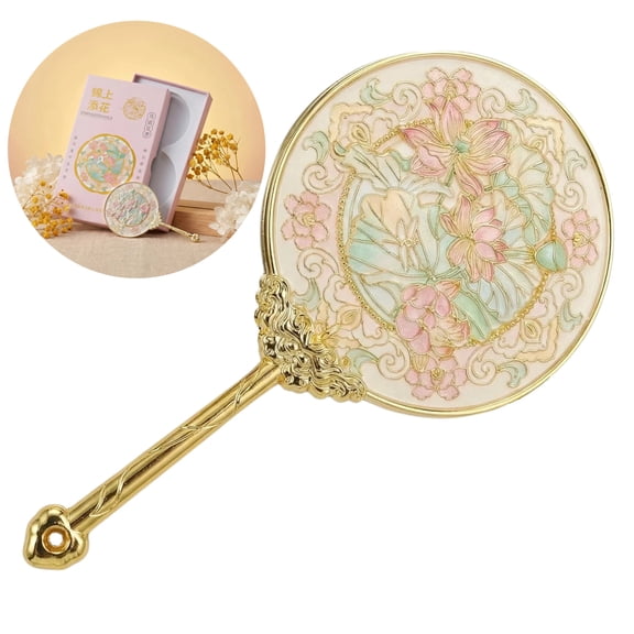 Vintage Metal Handheld Mirror Small Decorative Mirror with Embossed Flowers Gold Round Compact Makeup Mirror Portable Travel Mirror for Women Girls