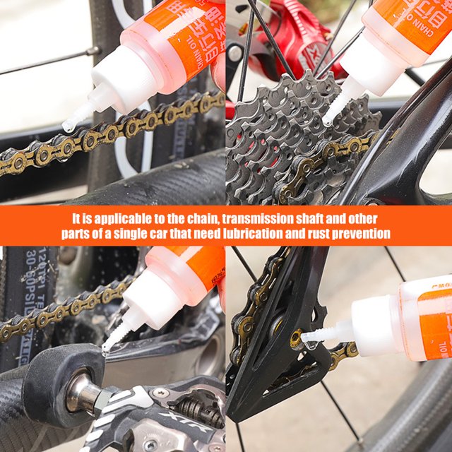 aceite para cadena de bicicleta Likrtyny botella multicolor, vista compuesta en cuatro cuadros: boquilla dosificadora aplicando líquido a cadena dorada, a la fila de piñones y al tensor; envase plástico con etiqueta naranja, indicado para lubricación, mantenimiento y prevención de óxido en cadenas, ejes y tornillos; también suele usarse para lubricar poleas o herrajes domésticos.