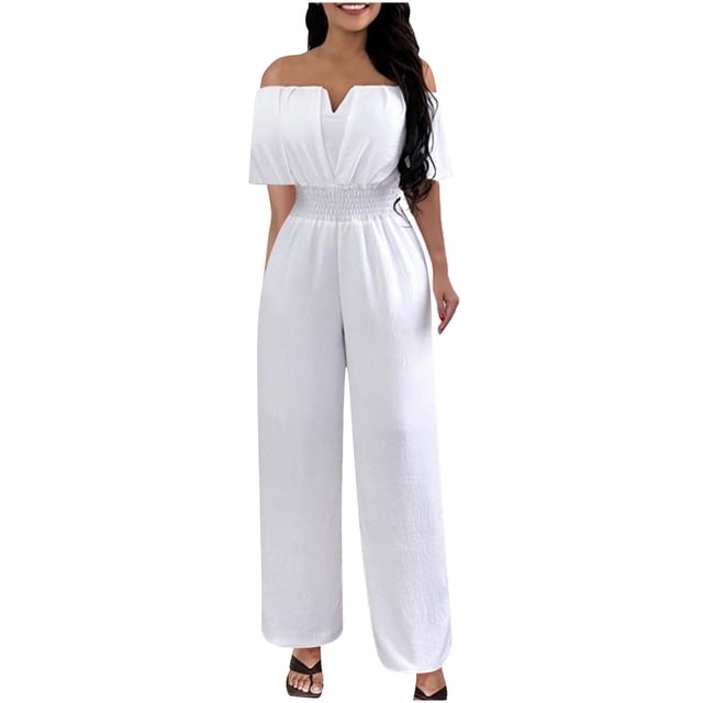 Birdeem Womens One Line Neck Waist Loose Straight Jumpsuit Versatile Pants