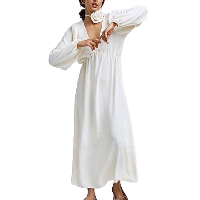 xiaxaixu Femmes Robe Longue Couleur Unie V-Cou Robe à Manches Longues Printemps Automne Tie-Up Dos Nu Soirée Robe de Soirée de Fête