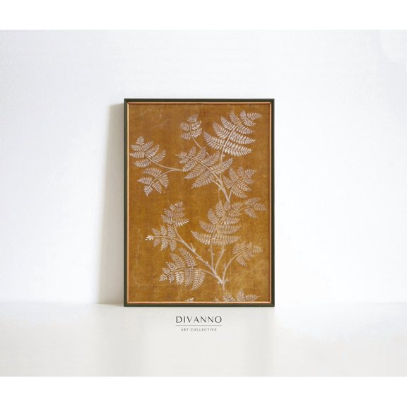 Vintage Rustic Textile Autumn Print Burnt Orange Wall Art Antique Fern Tapestry Botanical Pattern Fall Art Art Gift