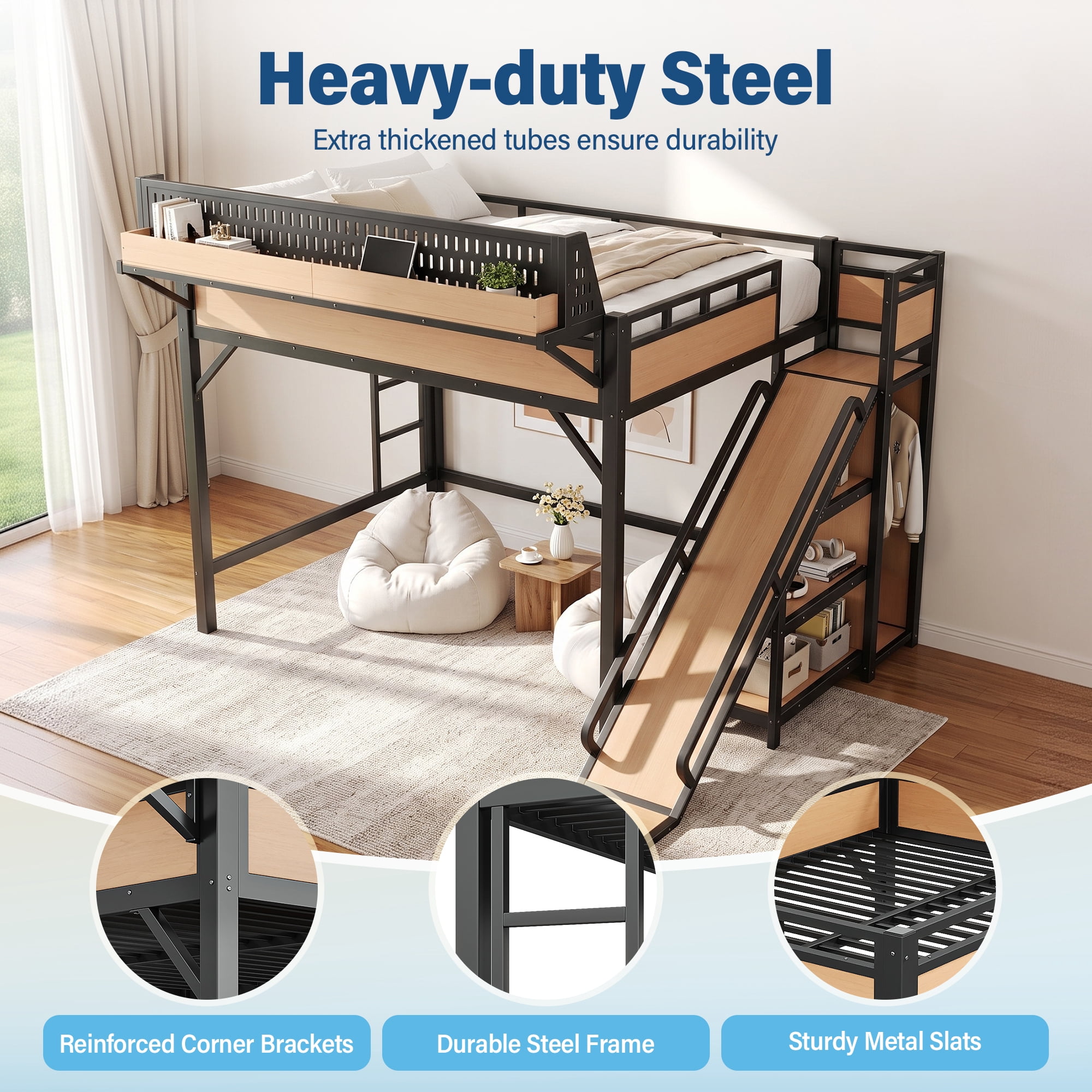 Aukfa Queen Loft Bed with Slide, Shelves, Wardrobe, USB Ports & LED Lights, Heavy-Duty Metal Bed Frame for Kids Teens Adults, Natural