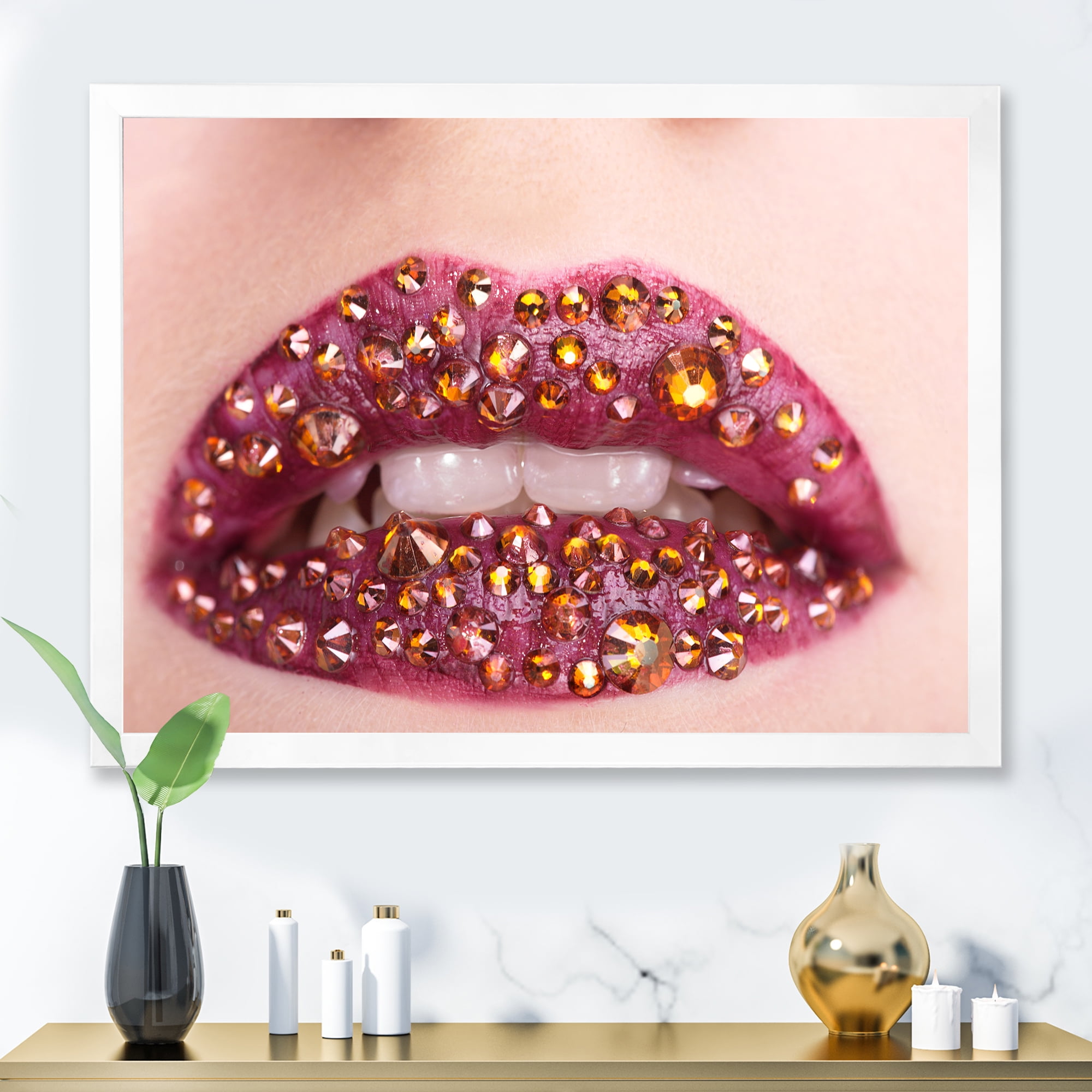 Designart 'Close-Up Of Girl Lips With Sequins' Modern Framed Art Print