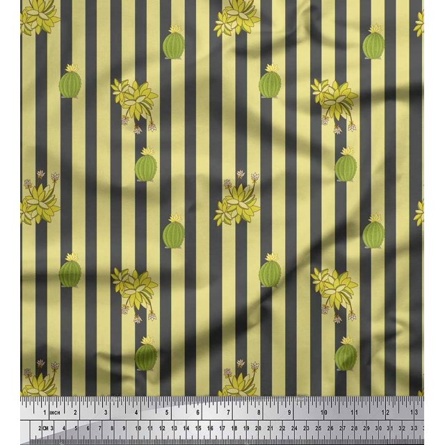 Soimoi Gray Poly Georgette Fabric Cactus & Stripe Print Fabric by the Yard 42 Inch Wide
