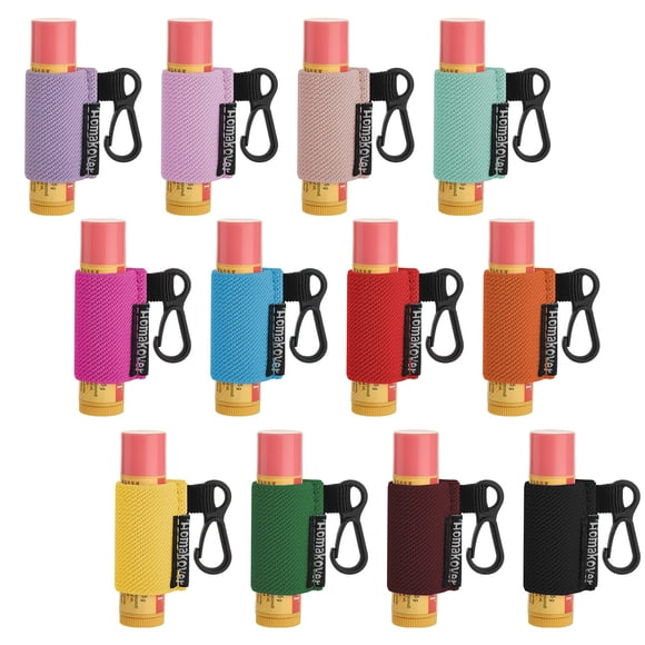 Homakover - Paquete de 12 llaveros compactos con clip para barra de labios en 12 colores, fundas para bálsamo labial con clip, se adapta a la mayoría de los bálsamos labiales estándar, llavero elástic