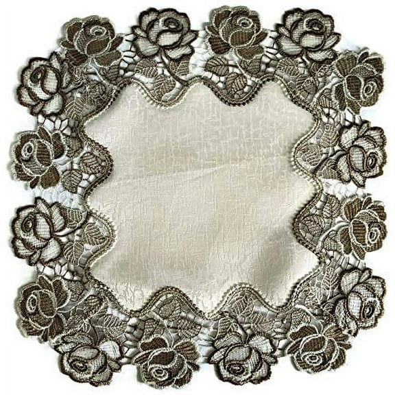 Doily Boutique Placemat or Doily Square with Cocoa and Antique White Lace Roses on Antique Fabric, Size 22 inches
