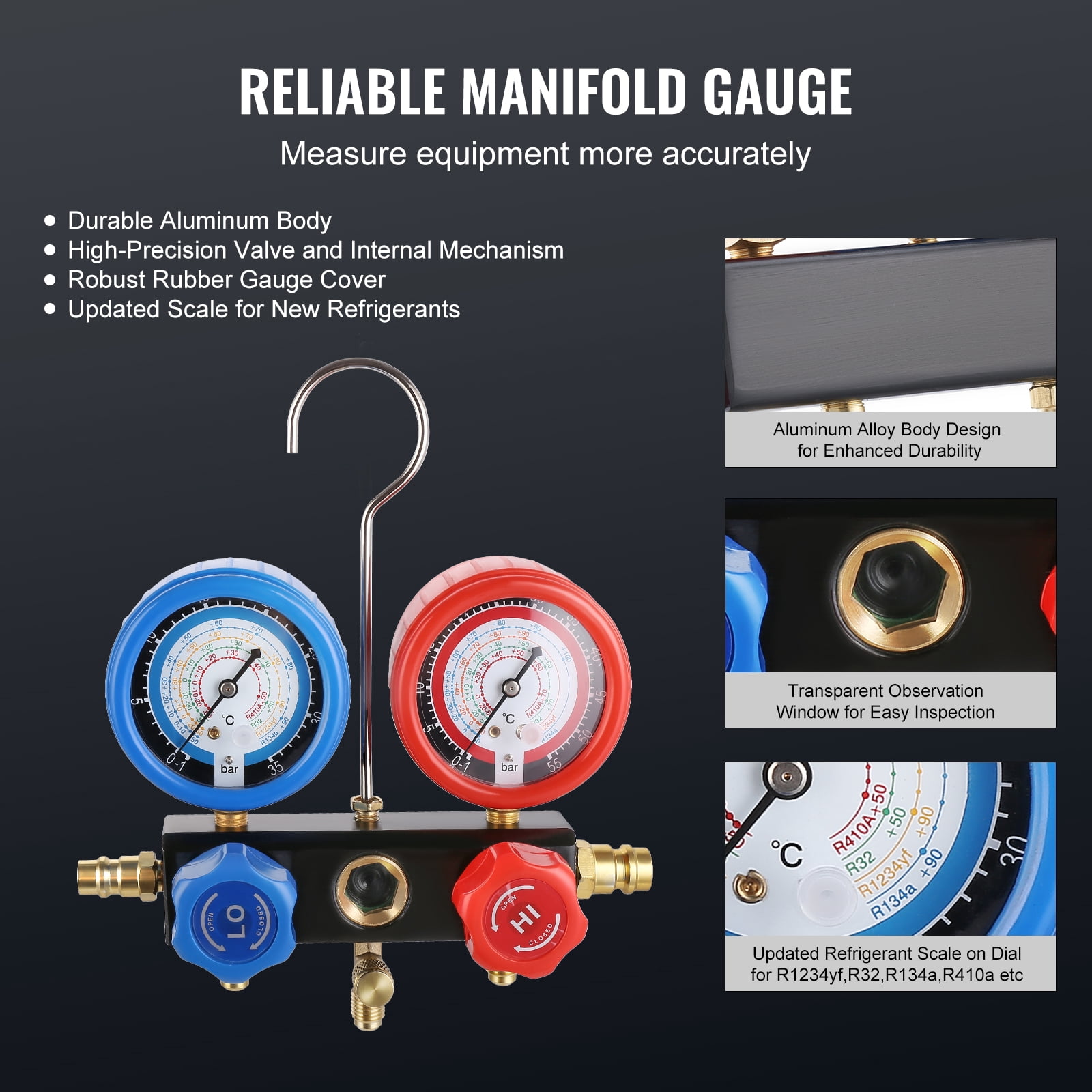 VEVOR HVAC Vacuum Pump 120 V 1/4 HP 4 CFM Gauge Set Manifold Gauge Kit with Hose for automotive refrigeration and central air-conditioning maintenance.