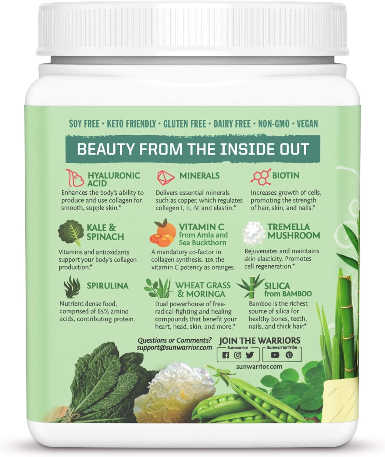 Sunwarrior Beauty Greens Collagen | Pina Colada Collagen Boost Powder with Hyaluronic Acid and Biotin, 300g