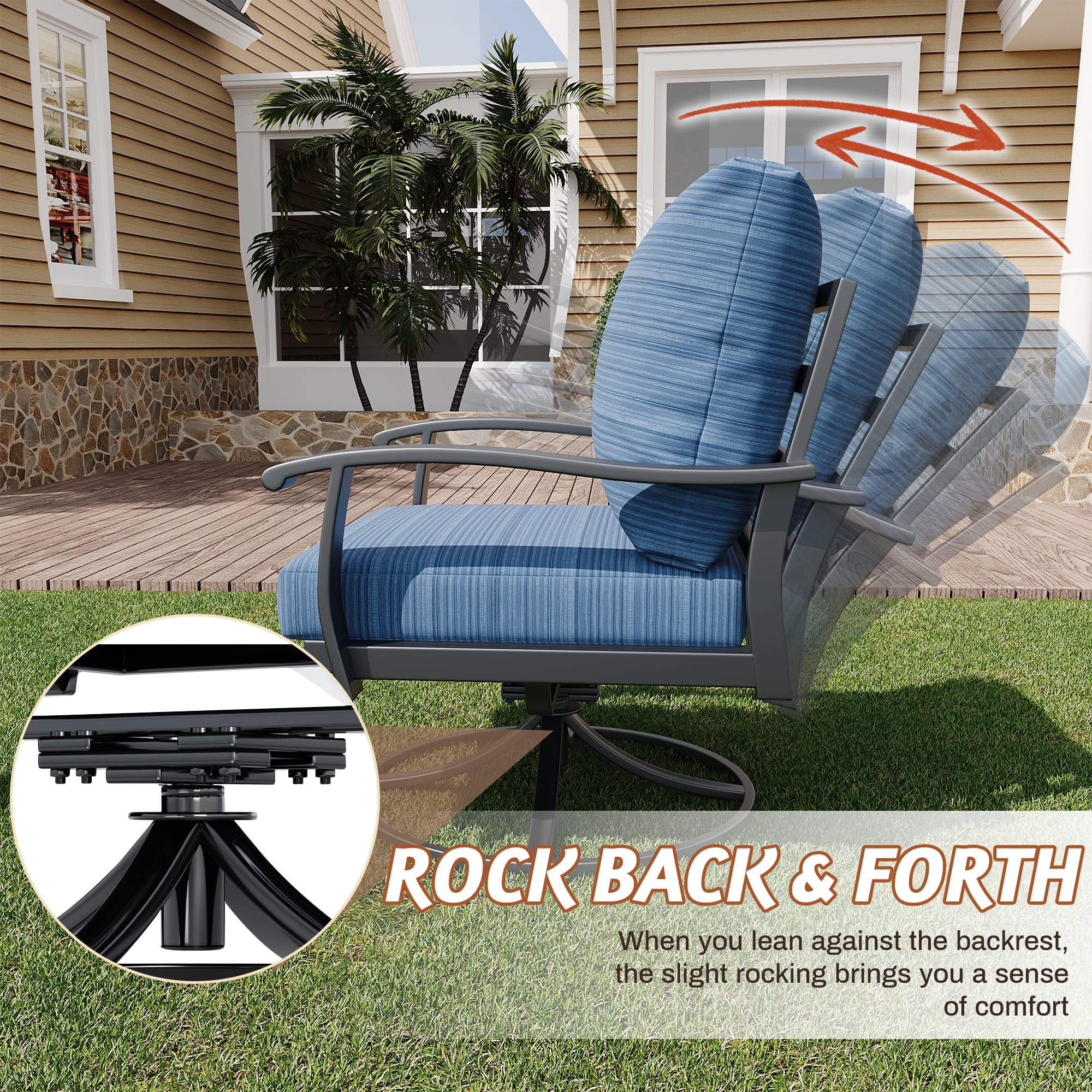 HOMREST Outdoor Swivel Rocker Patio Chairs with Ottomans and Coffee Table 5 PCS Bistro Set, 360 Degree Swivel Rocking Chair Patio Conversation Set with Thickened Cushion for Garden, Deck and Poolside