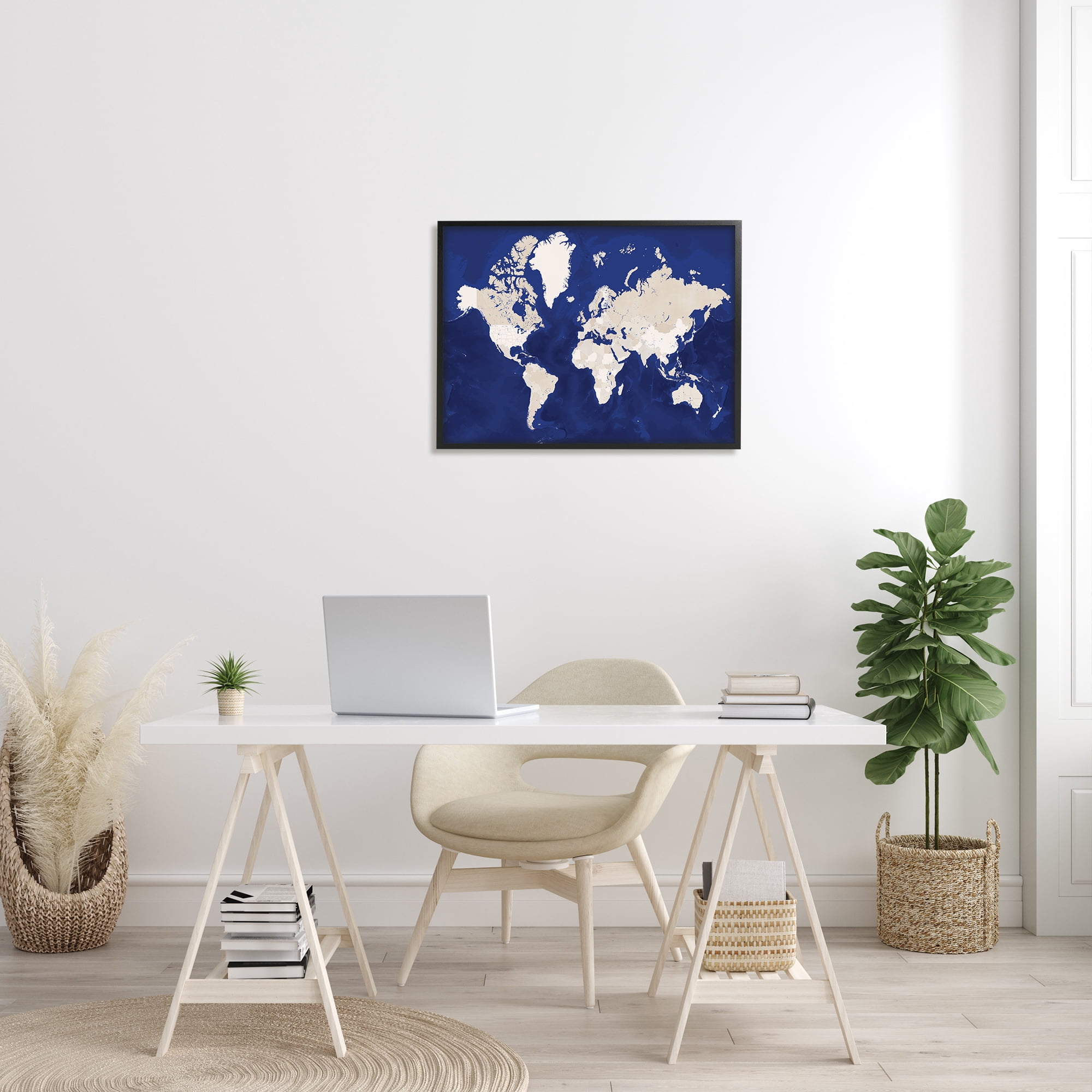 Stupell Industries Traditional World Map Neutral Tone Continents On Blue, 24 x 30, Designed by BlursByAI