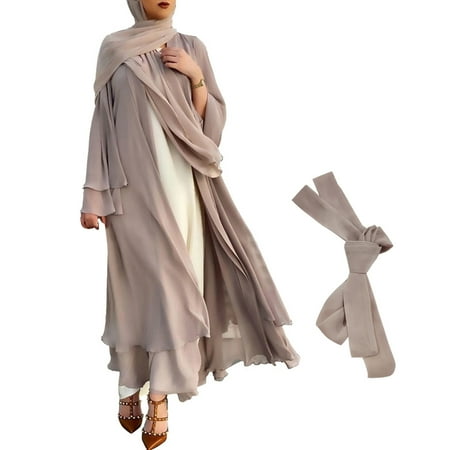 

RABBITH Muslim Long Sleeve Flowy Maxi Cardigan Islamic Open Front Kimono Belt Abaya Robe