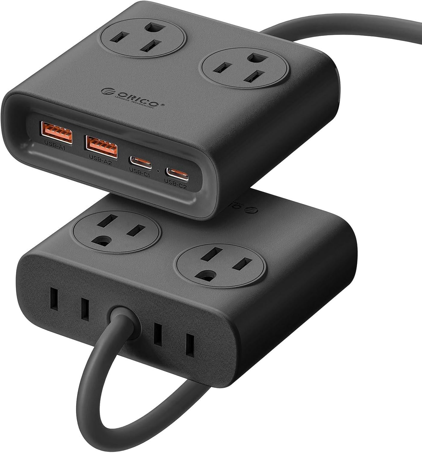 RGHJAR-Power Brick, 25W GaN Power Strip, 8 in 1 Extension Cord with 4 AC Outlets and 2 USB-A and 2 USB-C Ports, 5ft Flat Plug Black Outlet Extender for Home/Dorm/Travel-PDC (1 PCS)