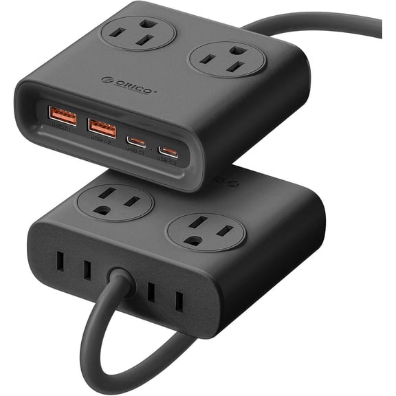 ORICO Power Brick, 25W GaN Power Strip, 8 in 1 Extension Cord with 4 AC Outlets and 2 USB-A and 2 USB-C Ports, 5ft Flat Plug White Outlet Extender for Home/Dorm/Travel-Black (1 PCS)