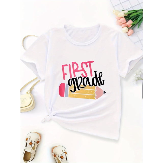 ”First Grade“ Letter Print Creative T-Shirts, Soft & Elastic Comfy Crew Neck Short Sleeve Tee, Girls' Summer Tops