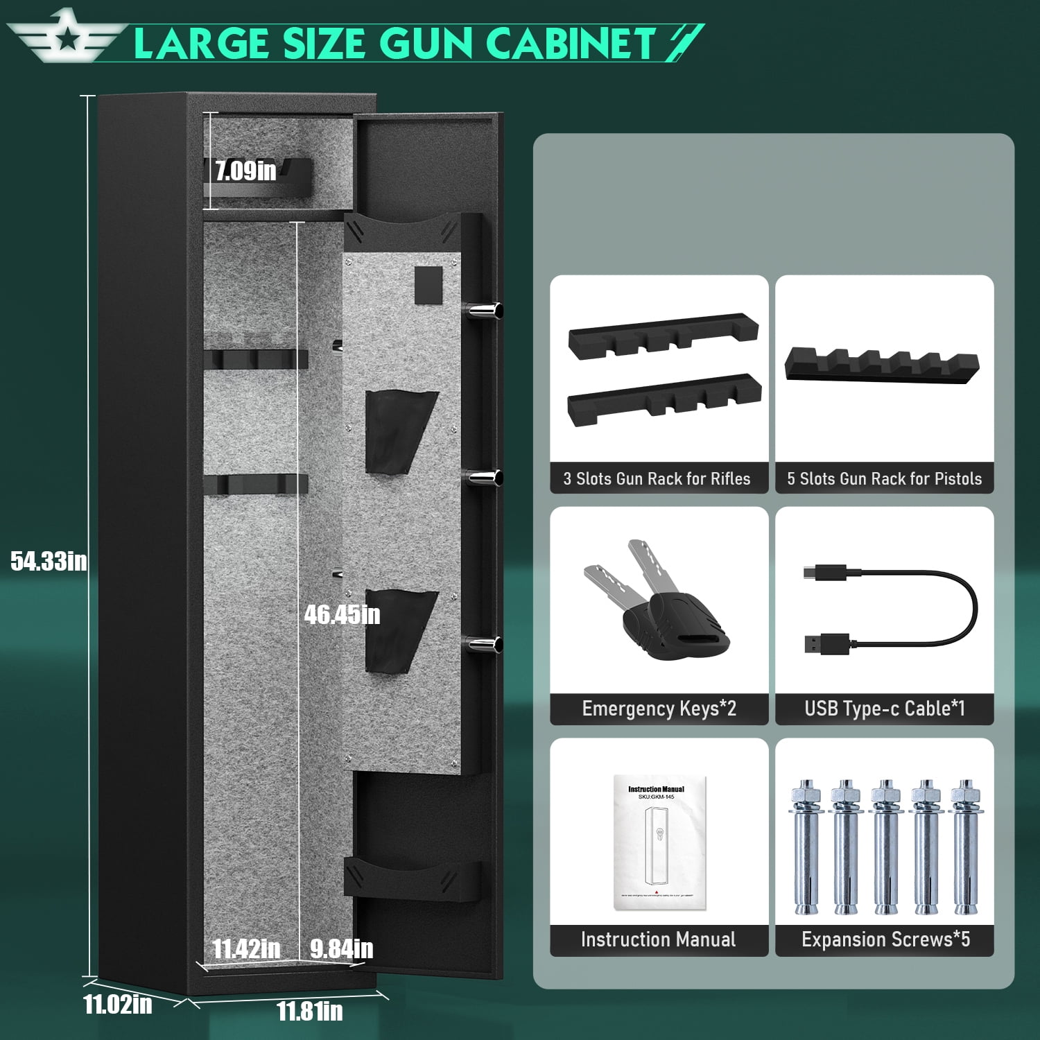 Riflevault 3-5 Gun Safe for Shotguns and Pistols, Quick Access Gun Cabinets with Adjustable Gun Racks and Removable Shelf