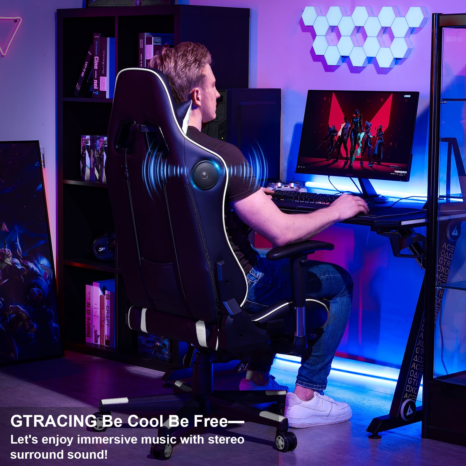 GTRACING Gaming Chair PU Office Chair with Speakers Bluetooth in Home, White