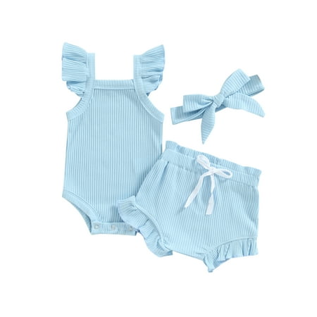 

Xkwyshop Toddler Baby Girls Clothes Fly Sleeve Ribbed Romper Tops Drawstring Short Pants Headband Casual Outfits Blue 3-6 Months