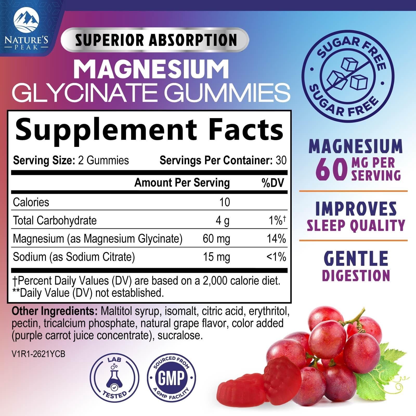 Magnesium Glycinate Gummies - Sugar Free - 100% Chelated Magnesium Gummy Supplement for Max Absorption - for Sleep Support & Heart, Muscle & Bone Health - Gentle on Stomach, Grape Flavor - 60 Gummies