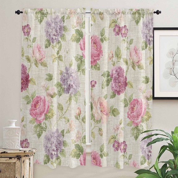Pink Purple Vintage Floral Kitchen Curtain for Berdoom Living Room Cafe 72 Inch Length, Hydrangea Botanical Elegant Tiers Curtains Light Filtering Drapes Window Treatment 2 Panels 52"Wx72"L