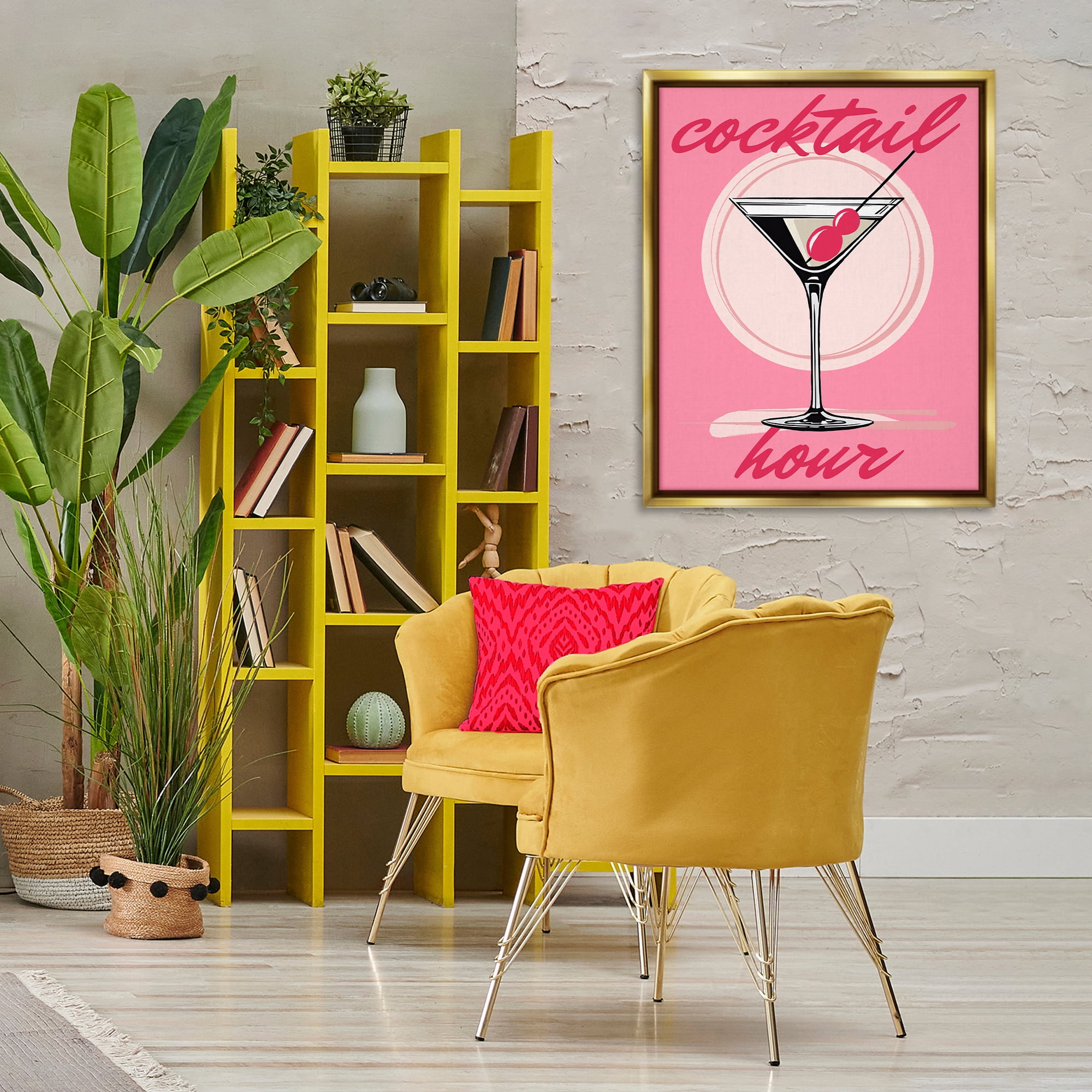 Stupell Industries Pink Cocktail Hour Food & Beverage Painting Gold Floater Framed Canvas Art Print Wall Art, 25 x 31