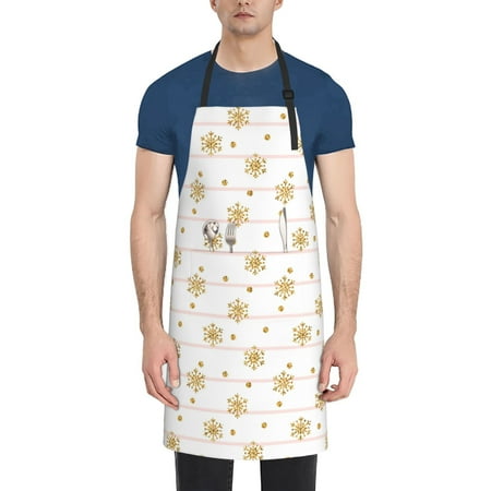 

Goofa Gold Snowflake Stripes Printed Waterproof Apron 33 Chef Aprons for Men Heavy Duty Chemical Work Apron Adjustable Bib Apron
