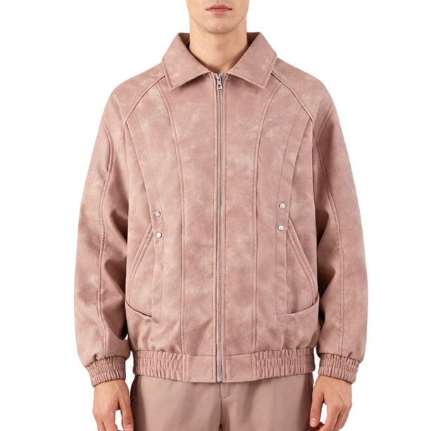 Ceisia Men's fashion casual solid color faux leather lapel zipper Gift coat pocket long sleeve outerwear