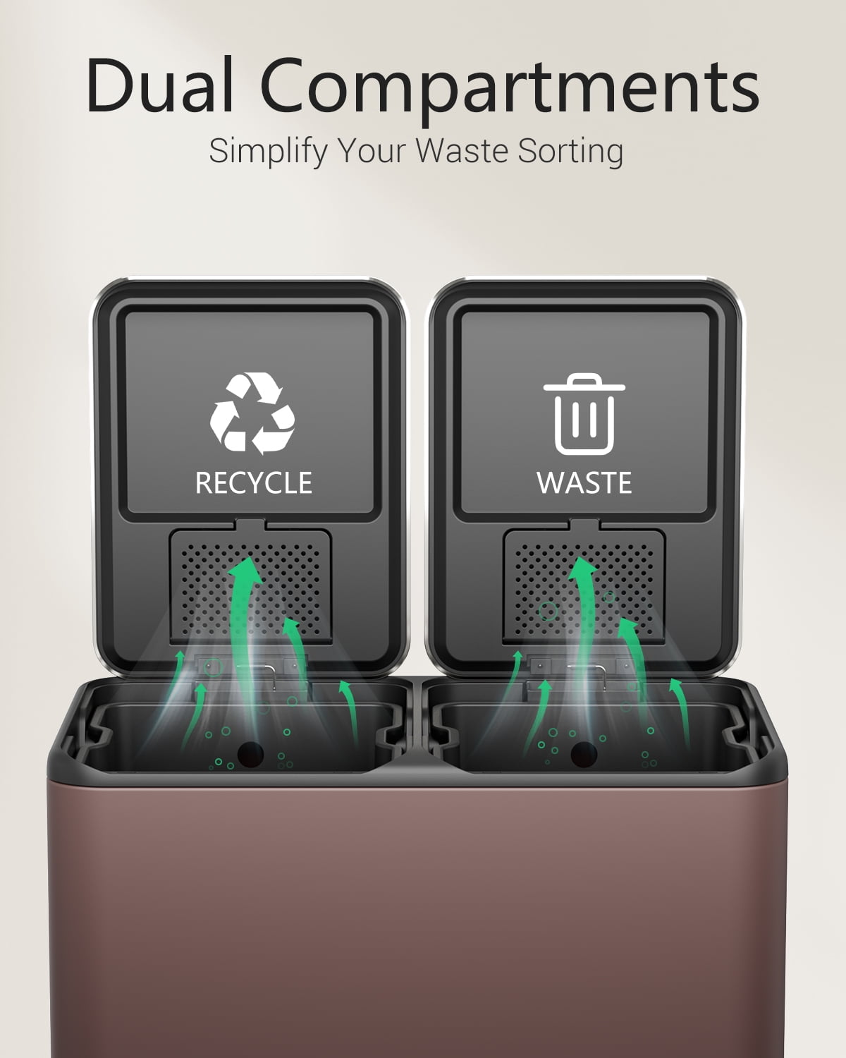 TLSUNNY 16 Gal Dual Compartment Trash Can, Step Pedal Recycling Bin w/ 2 Soft-Close Lids and 2 Odor Control Box, for Kitchen Use